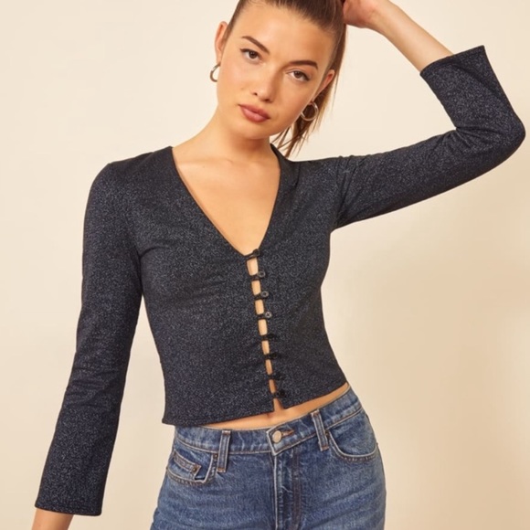 Reformation Tops - Reformation Howard Top in Hydra metallic sparkle blue v-neck button front